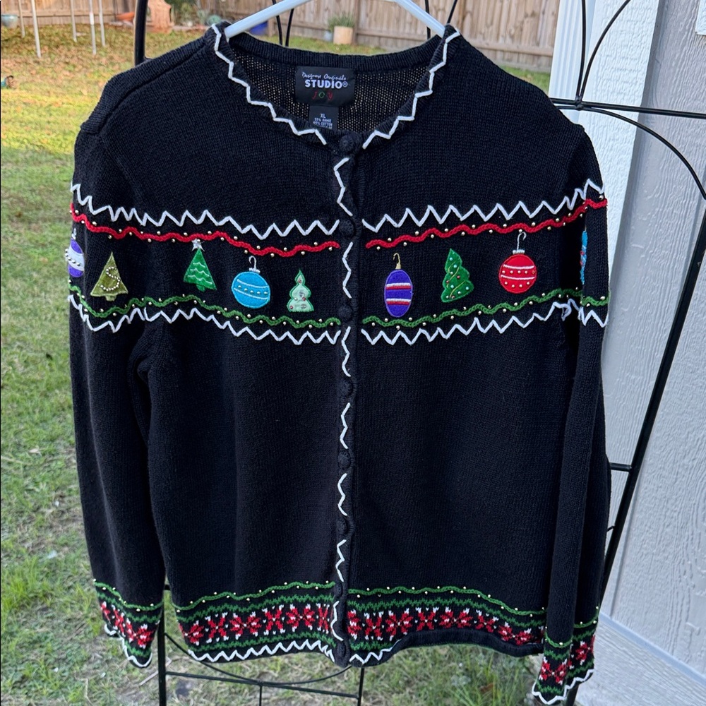 Vintage hand knit Studio Black Sweater with Colorful Ornament Accents
